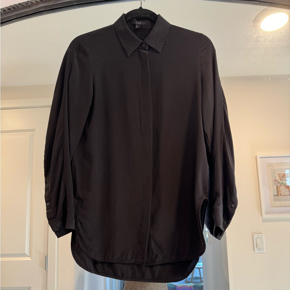 COS Black silk long sleeve button up top size 2